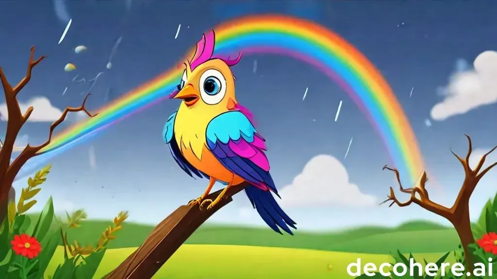 a colorful bird sitting on a tree branch with a rainbow in the background