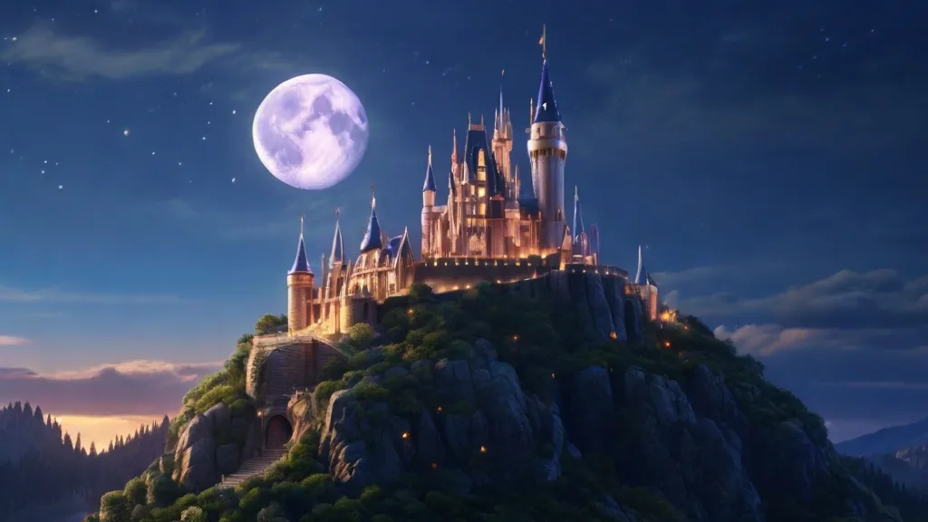 A grand moonlit castle perched atop a hill, its majestic spires reaching into a twilight sky, casting a warm glow on the surrounding landscape.