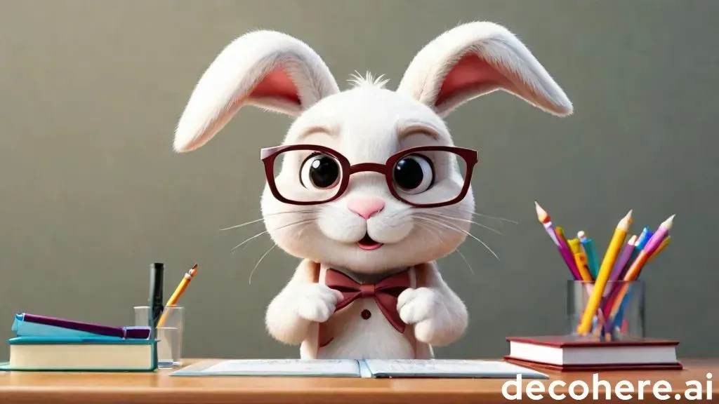 a white animated rabbit wearing glasses sitting at a desk moving his lips talking