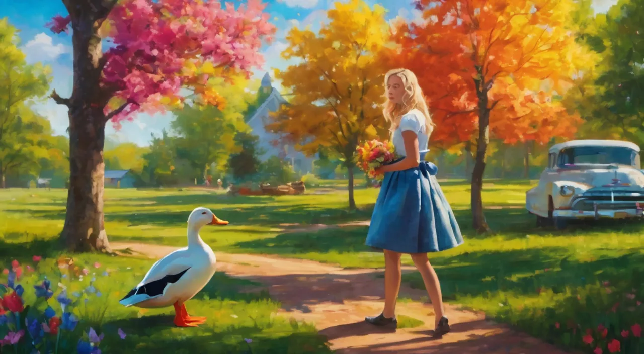 a painting of a girl standing next to a duck