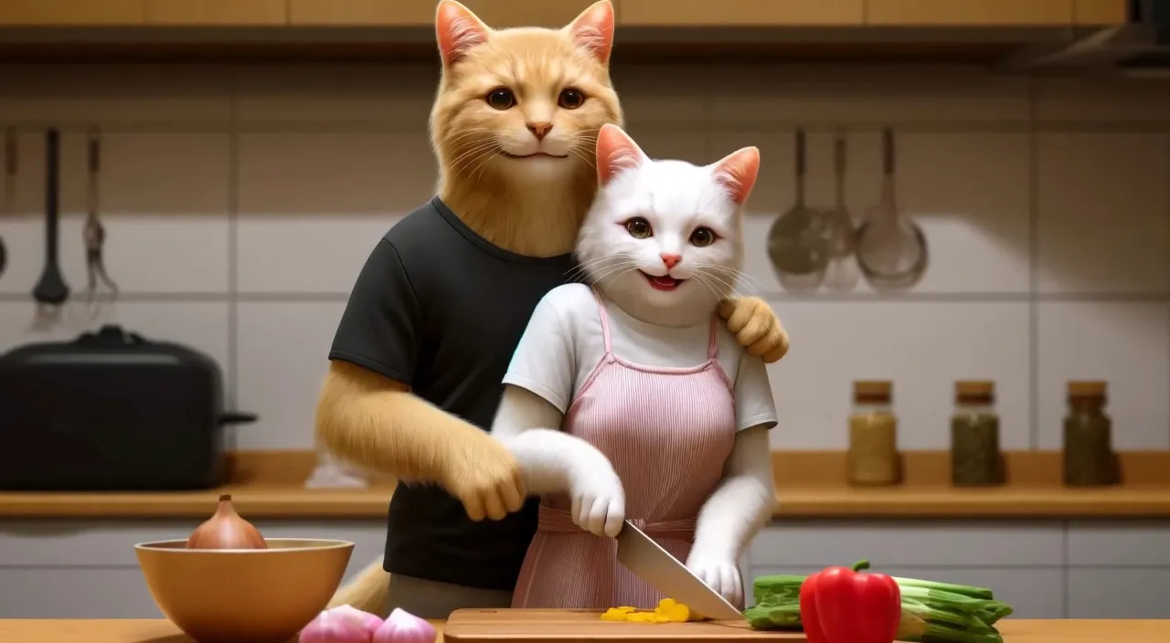 a cat and a cat in a kitchen