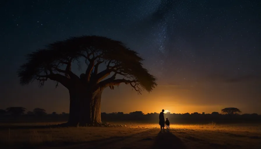 two people standing in front of a tree at night