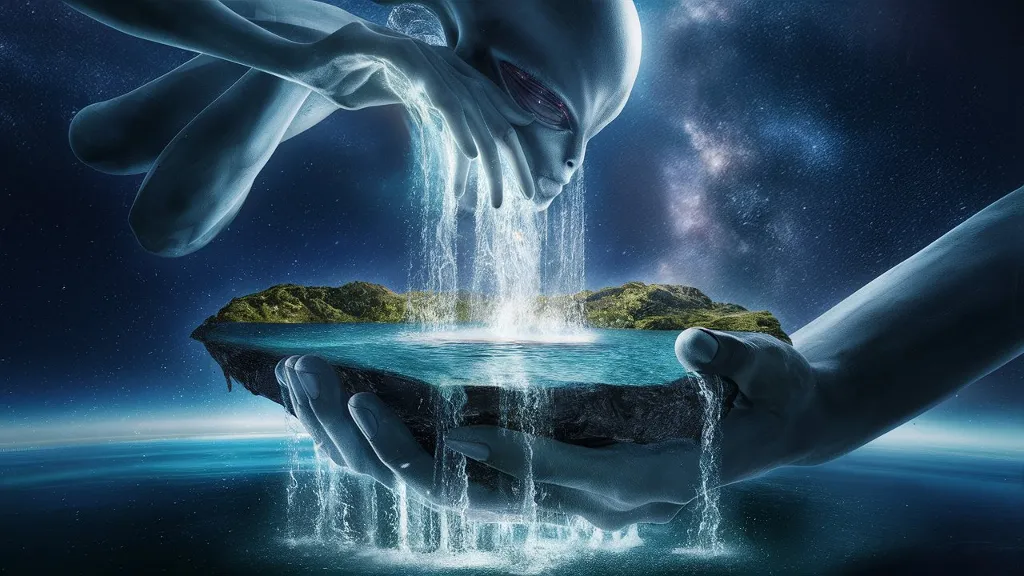 In a breathtaking cinematic scene, a drone captures the awe-inspiring sight of a massive alien entity effortlessly holding a floating island in the palm of its hand. The island is filled with a shimmering, crystal-clear lake, where energy-charged water cascades down from the entity's fingers, illuminating the surroundings with a divine light. The lake's surface mirrors the cosmos above, creating a stunning, star-filled reflection. This visually captivating scene is a perfect blend of sci-fi and fantasy, captured in immersive 4K quality.