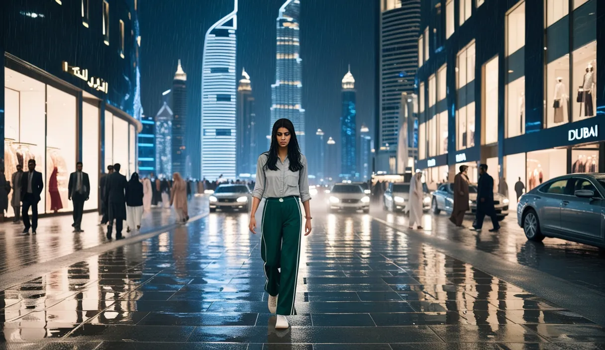 a woman walking down a street at night