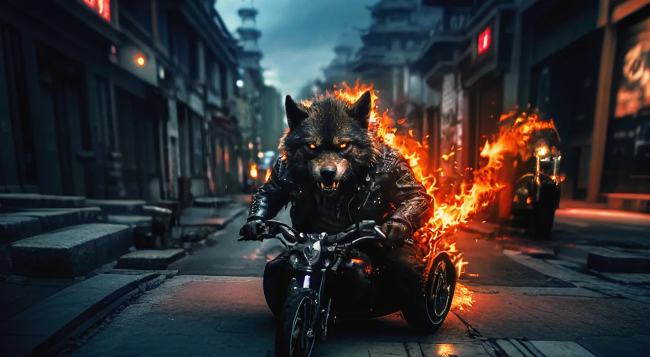 Motorcyclist speeds through lightning-filled night, fierce wolf by his side