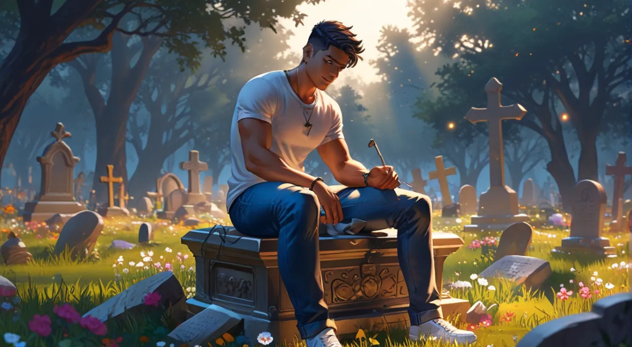 a man sitting on top of a bench in a cemetery