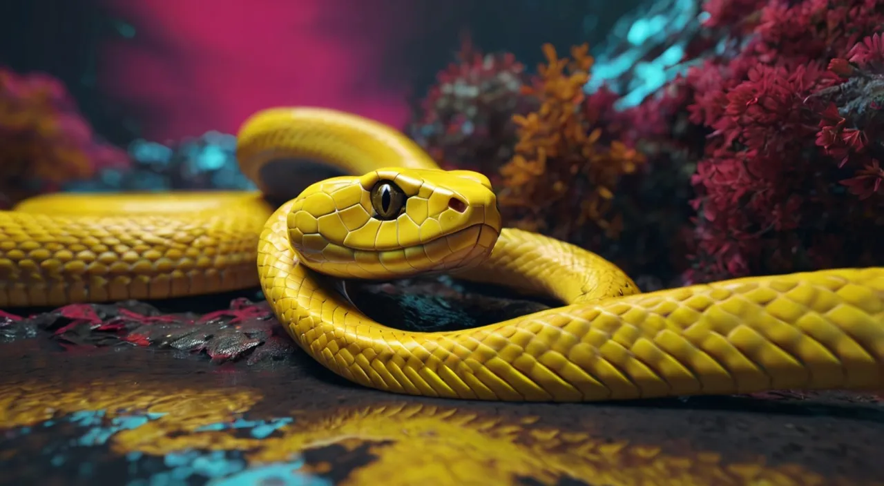 a yellow snake is talking with its mouth open sitting on a rock 