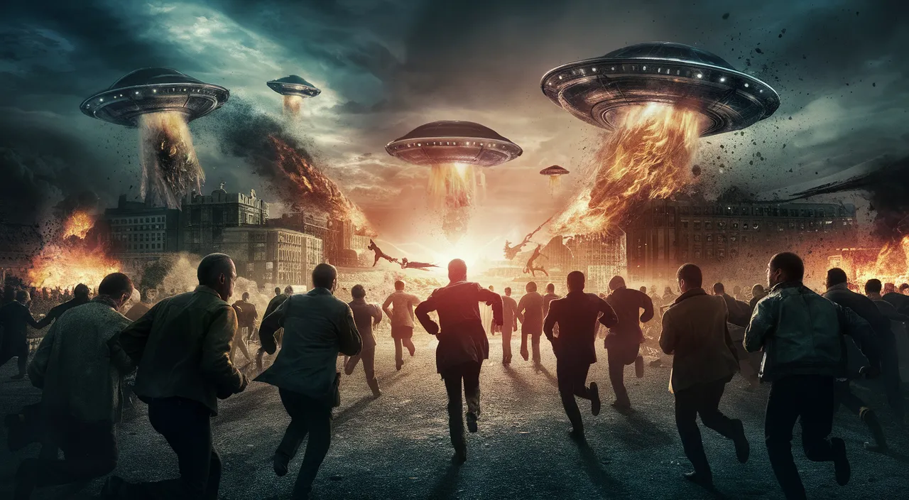 a group of people walking in front of a group of aliens