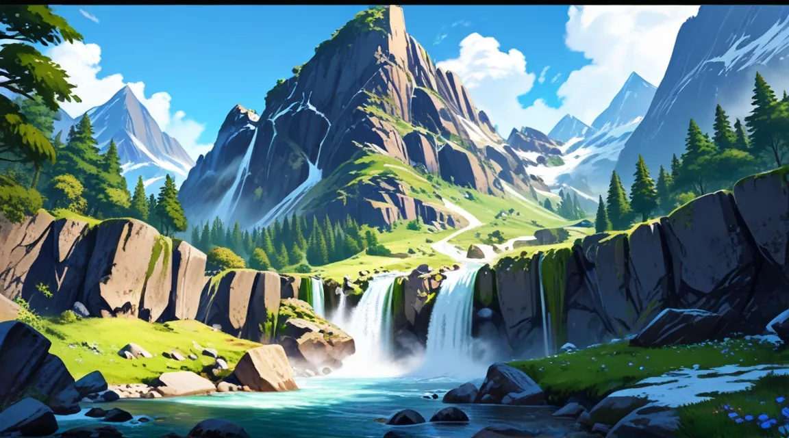 a painting of a mountain landscape with a waterfall