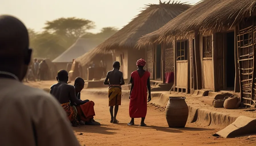 a group of people standing around a village