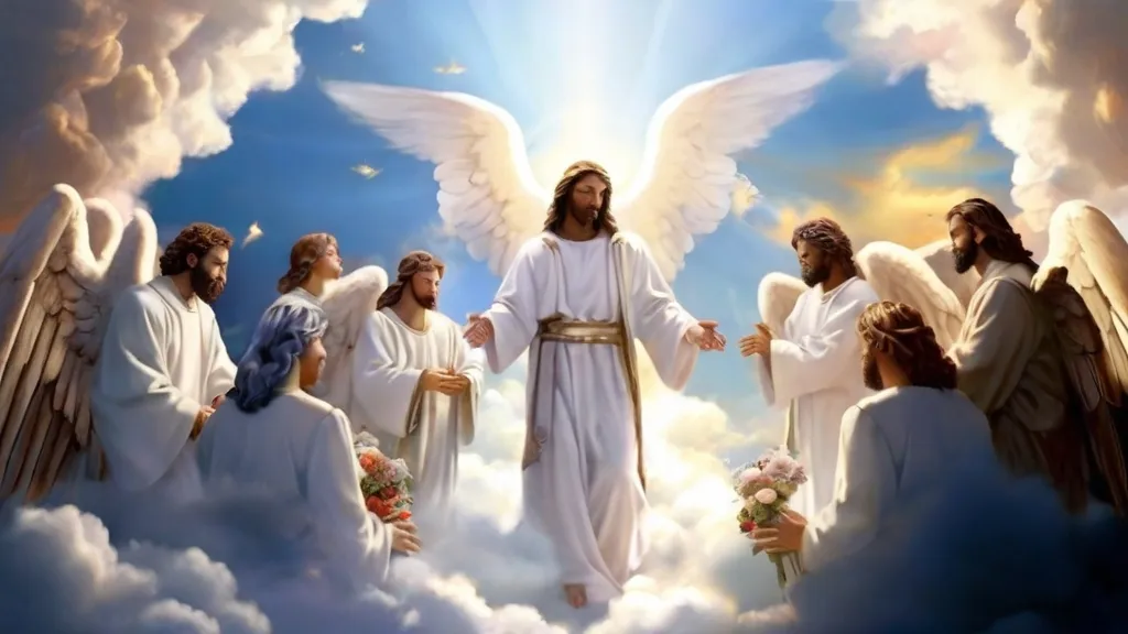 a painting of jesus surrounded by angels in the clouds