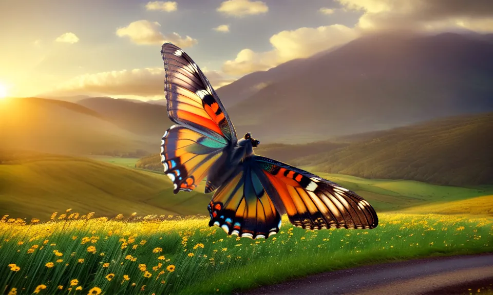 a colorful butterfly flying over a road in a beautiful foothills landscape