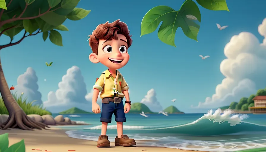 a boy standing on a beach in front of a tree