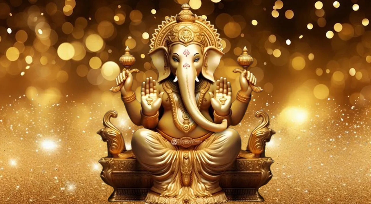 Create god ganesh with golden background, 8k, size of 1920x1080, colorful
