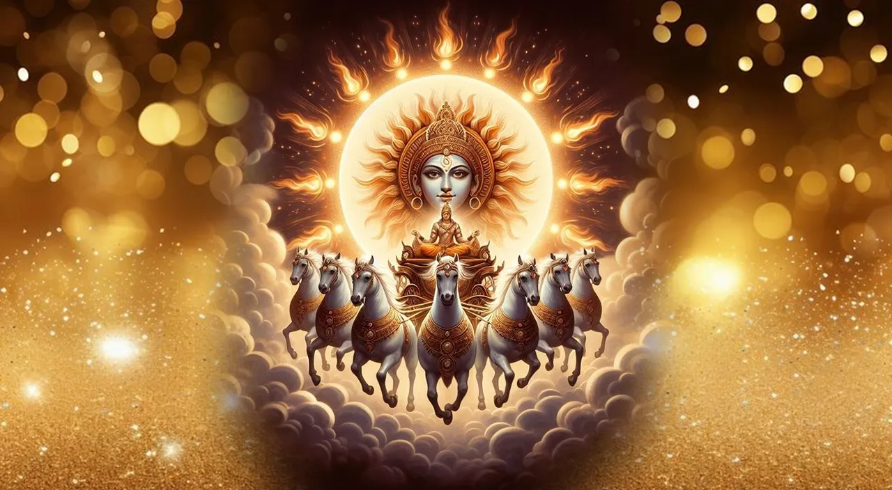 Create a surya god with golden background, 8k, size of 1920x1080, colorful
