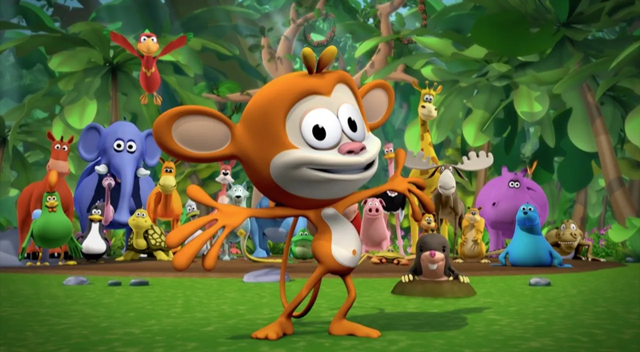 a cartoon character standing in front of a group of cartoon characters