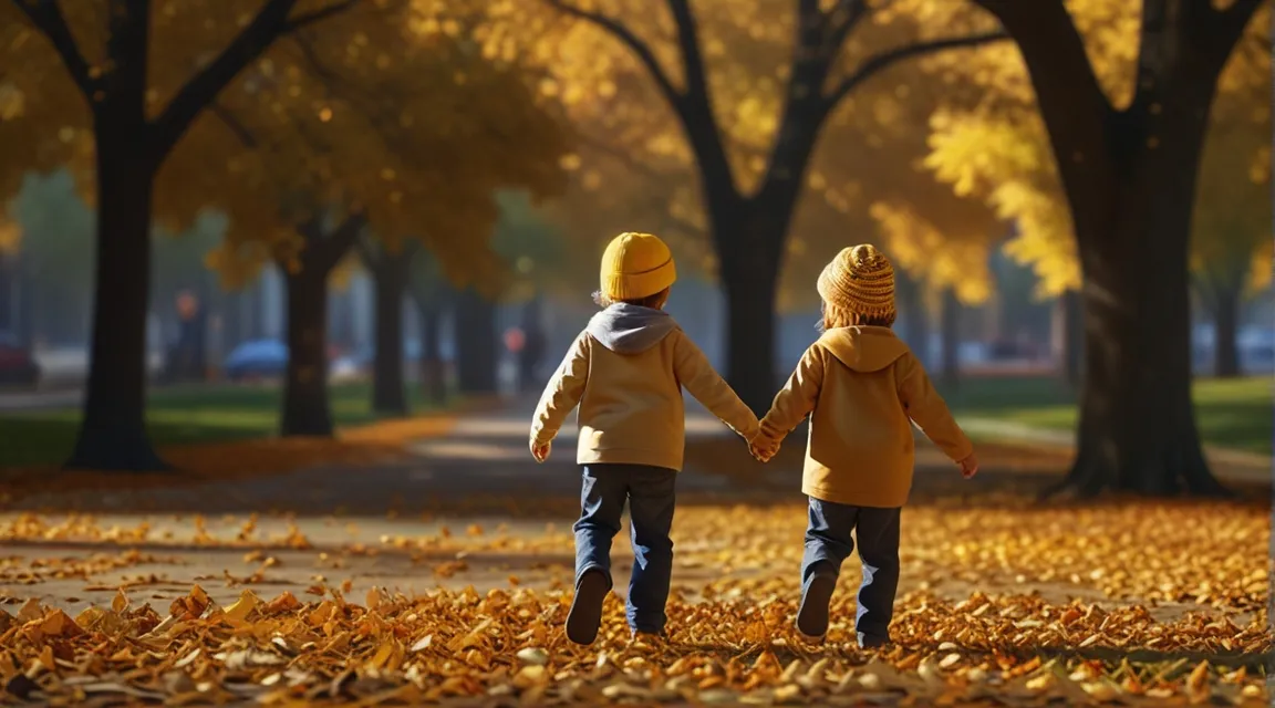 a couple of kids walking across a leaf covered park