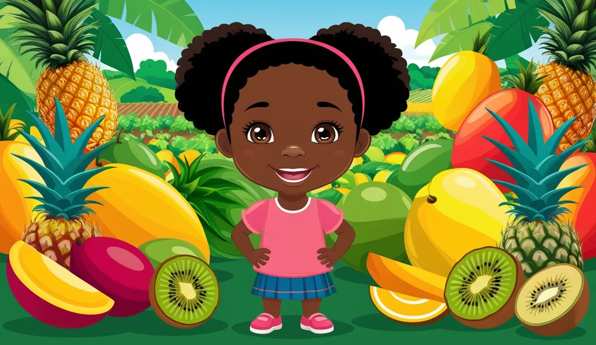 a little girl standing in front of a bunch of fruit