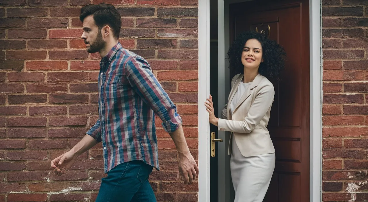 image of man walking away while his beloved woman surprisingly appears at the door