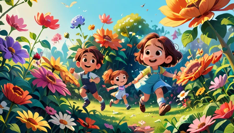 a group of children running through a field of flowers