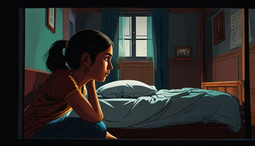 a girl sitting on a bed in a room