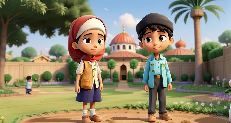 a boy and a girl standing in front of a building