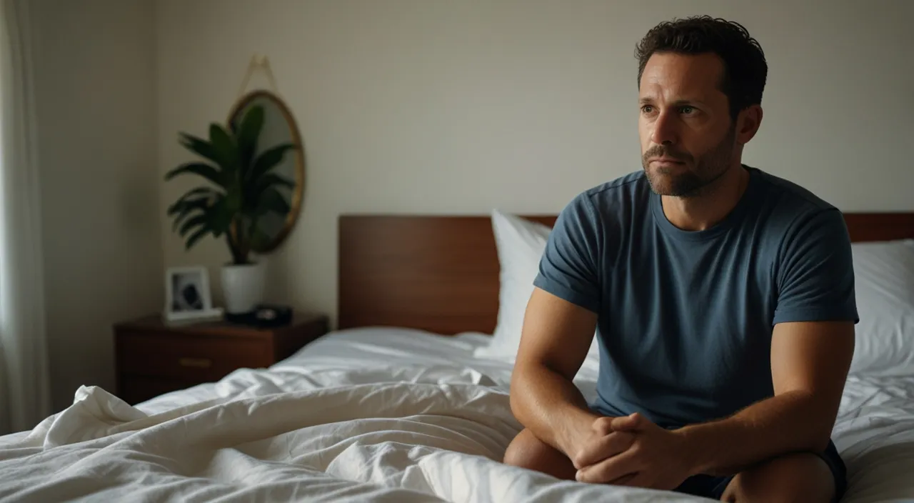 a man sitting on top of a bed in a bedroom