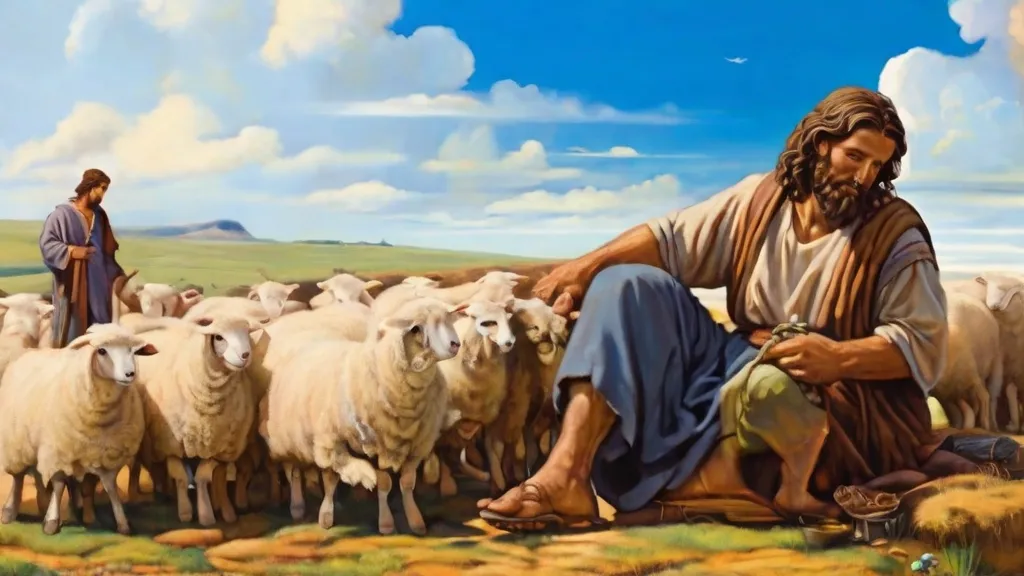 A dreamlike painting of a shepherd and flock grazing in a grassland, the sky filled with fluffy clouds