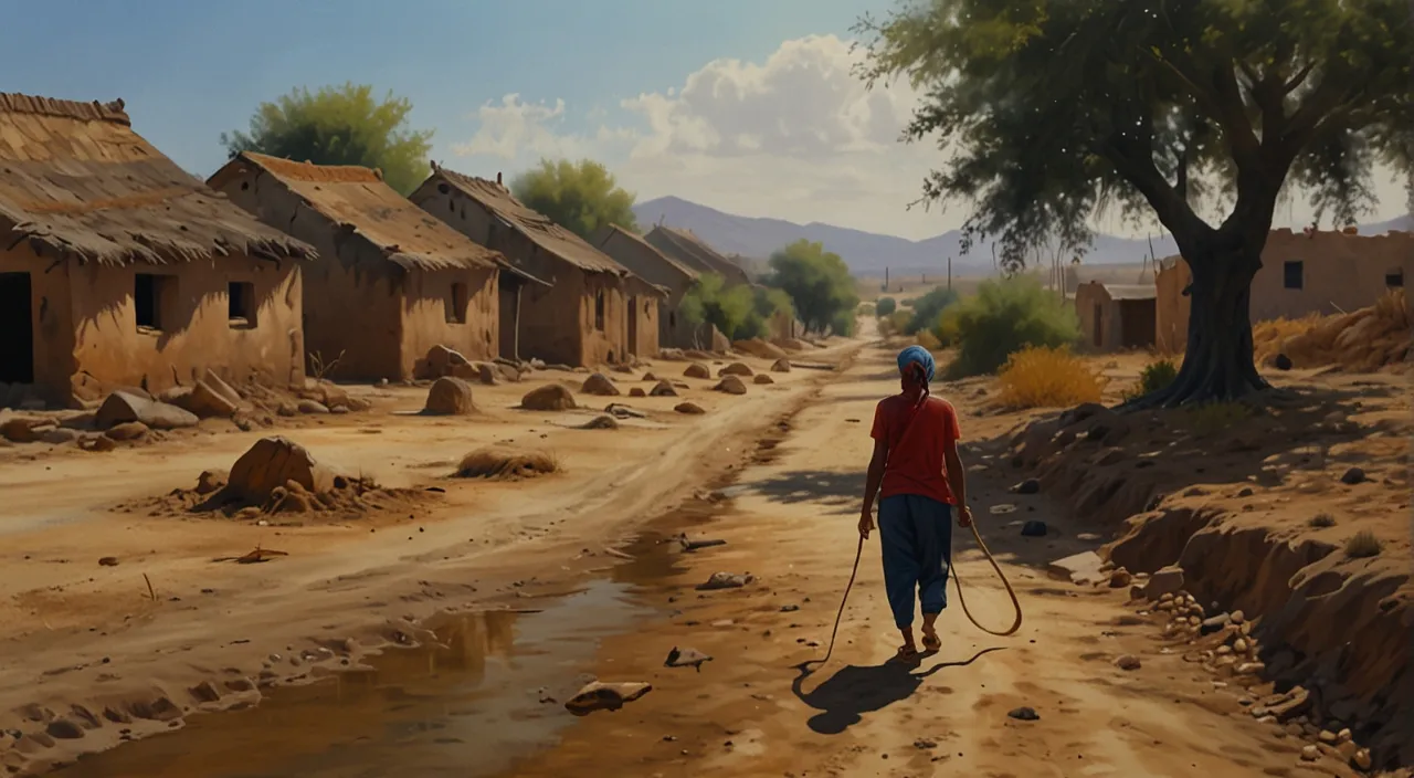a painting of a man walking down a dirt road