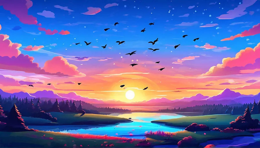 a painting of a sunset with birds flying in the sky