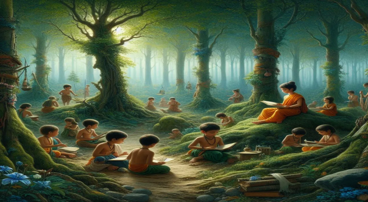 a painting of a group of people in a forest