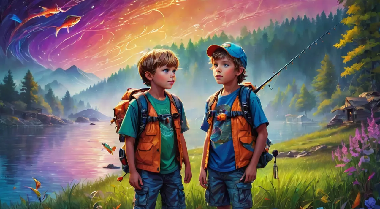 a painting of two boys fishing on a lake