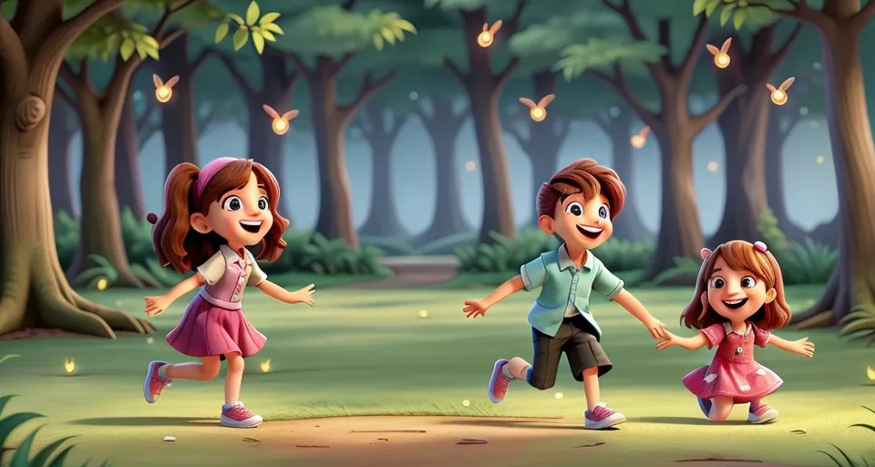 Aria and Ollie sharing a playful moment together, their laughter echoing through the trees as they chase fireflies.