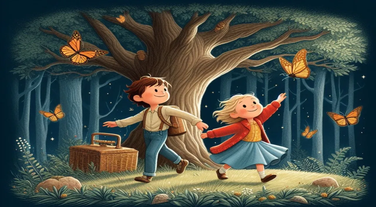 a boy and a girl are walking through the woods