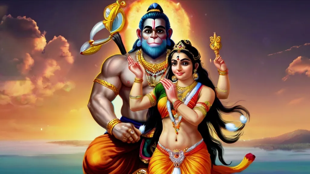 Create a god hanuman with a golden background, 8k, size of 1920x1080, colorful
