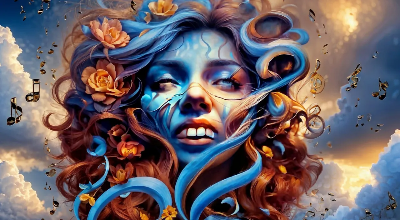 a painting of a woman's face surrounded by music notes