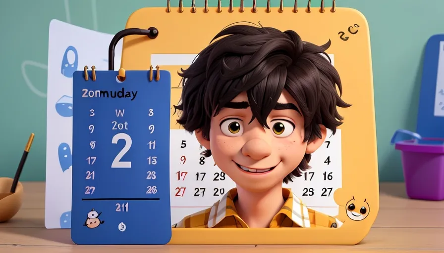 a cartoon character next to a calendar on a table