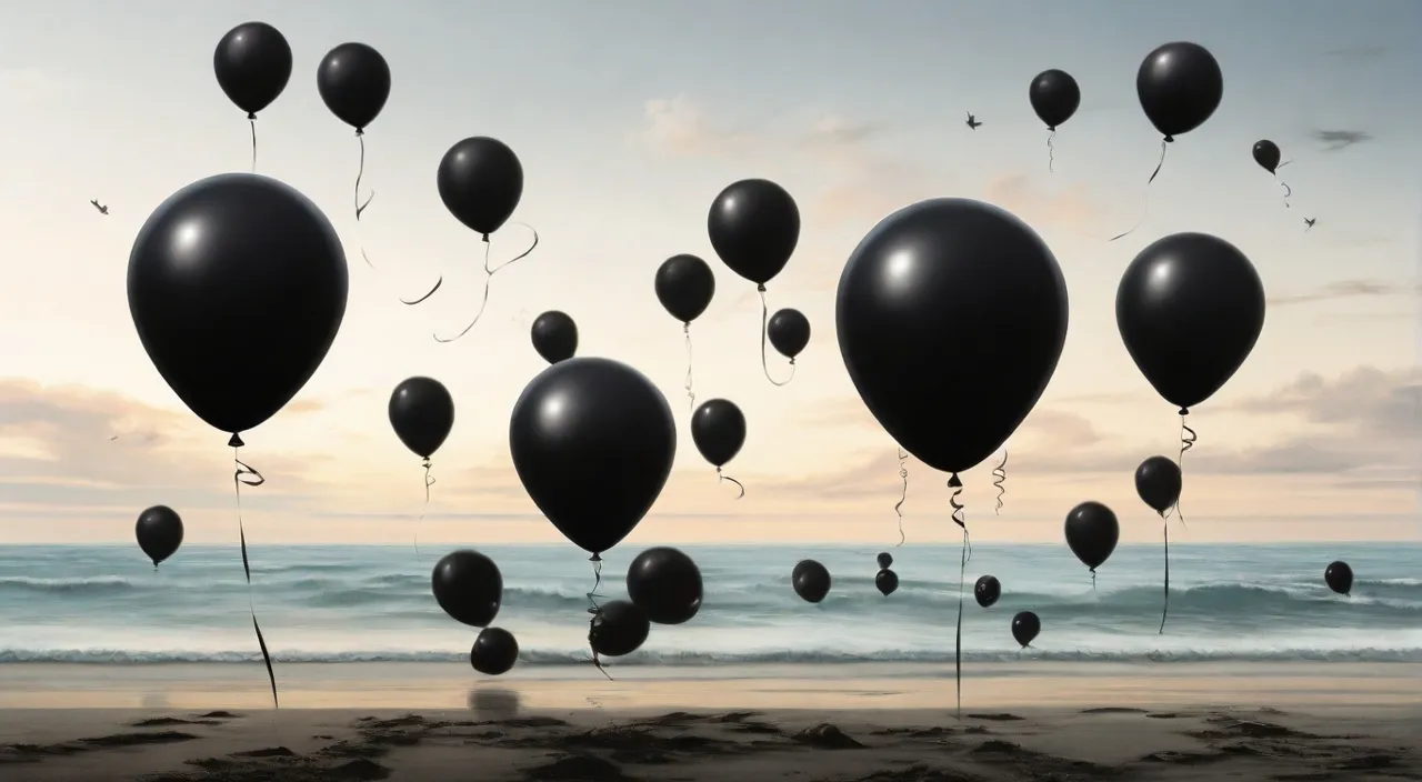 a bunch of balloons floating in the air on a beach