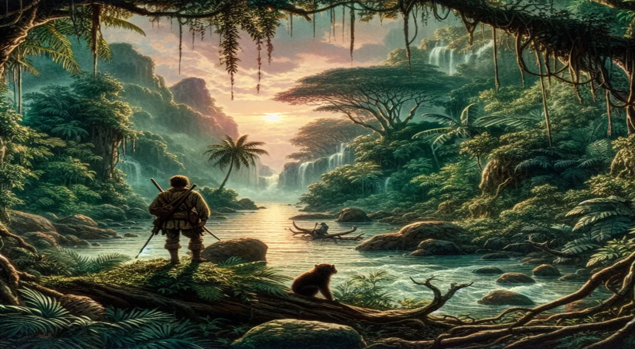 a painting of a man and a monkey in a jungle