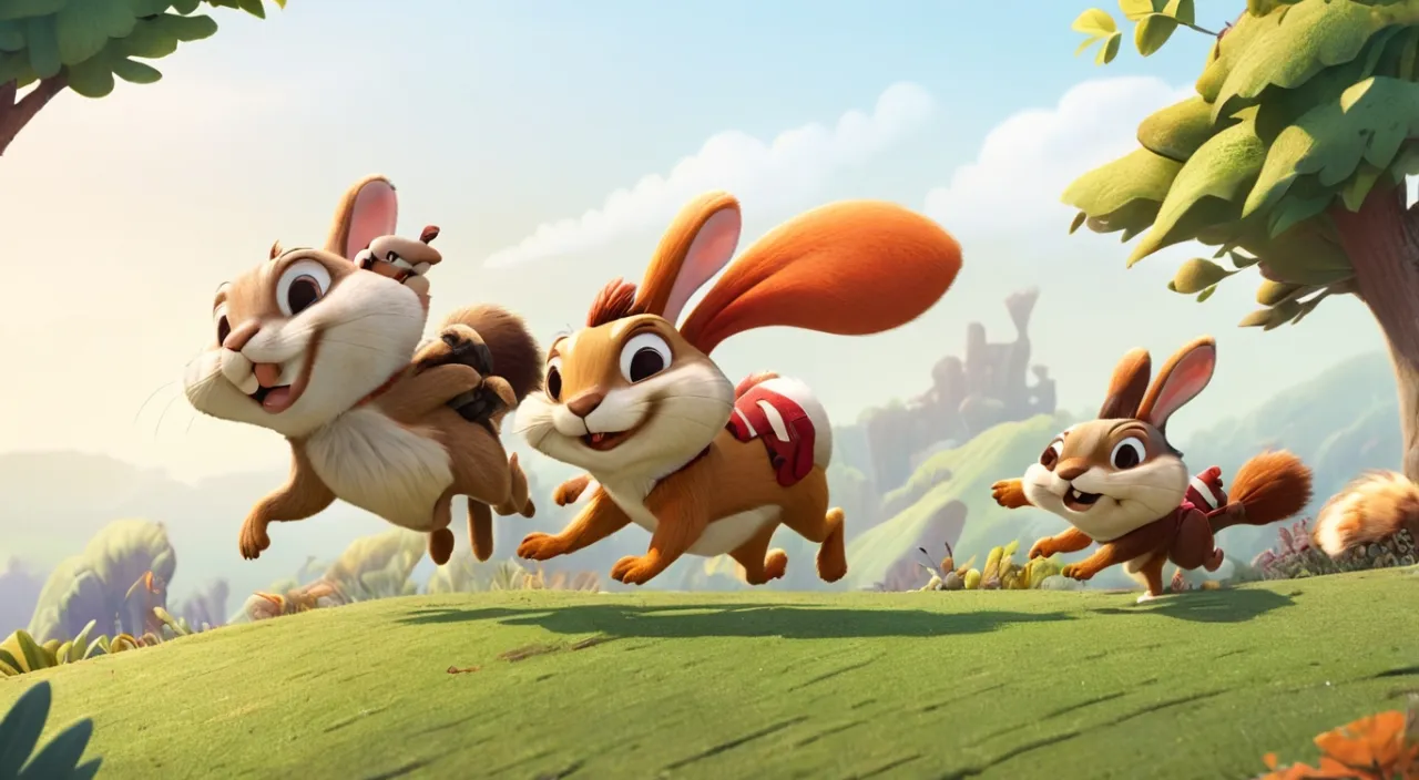 a group of animated animals running across a field