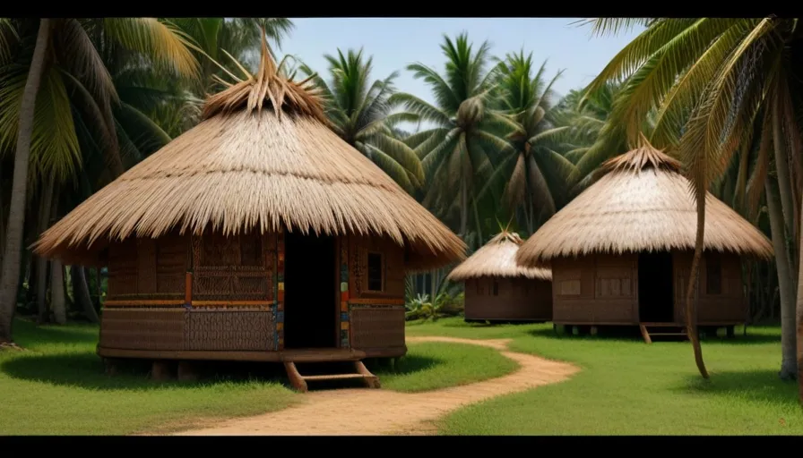 a couple of huts sitting on top of a lush green field