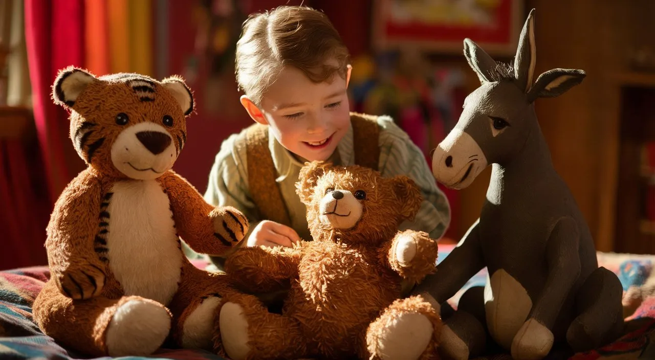 a young boy playing with stuffed animals on a bed1918. Christopher Robin boy playing with his teddy bear and his friends Tiger and donkey in a room. No face. General outline. 