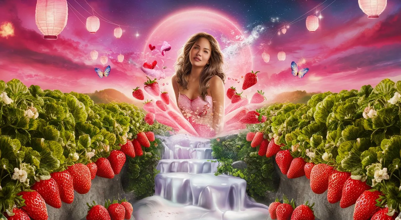 The woman is transported to a dreamlike paradise with strawberry fields and a cascading milk river.