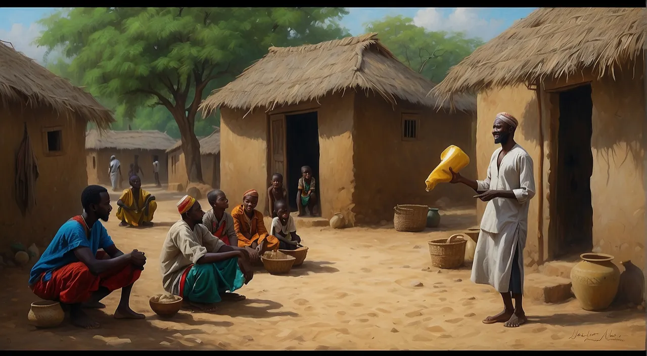 a painting of a man holding a yellow object