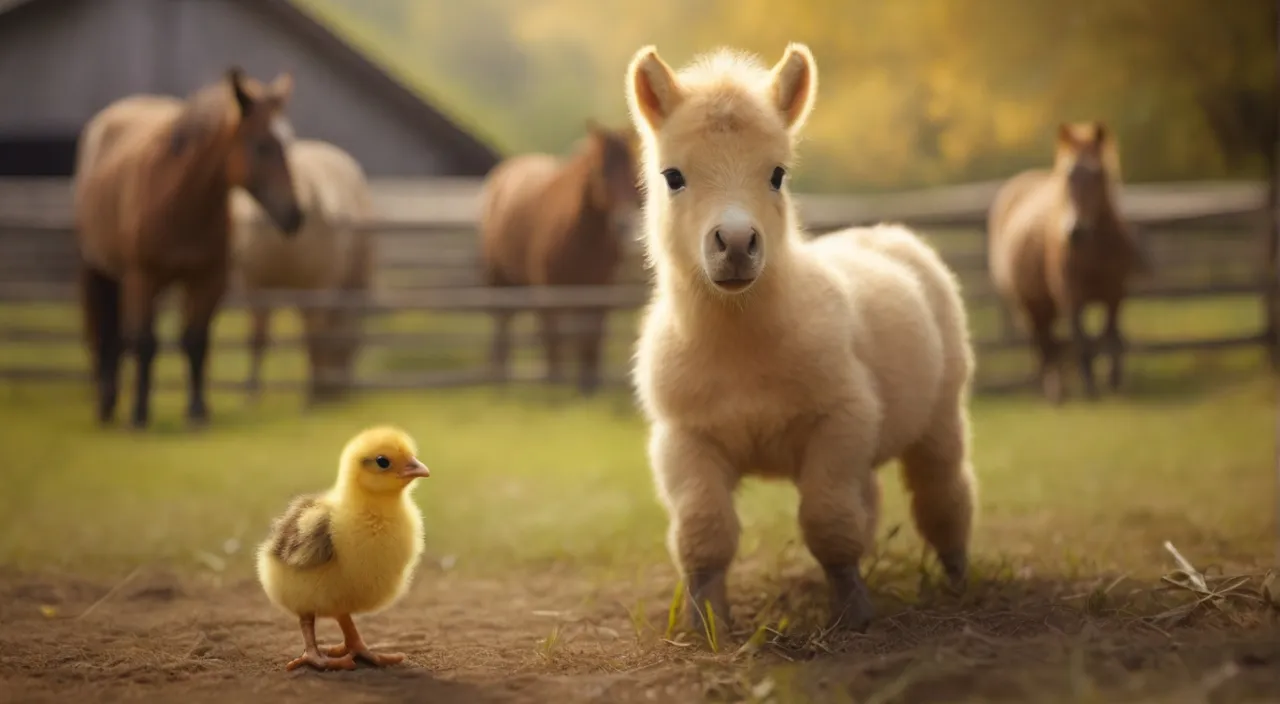 a small yellow duck standing next to a horse