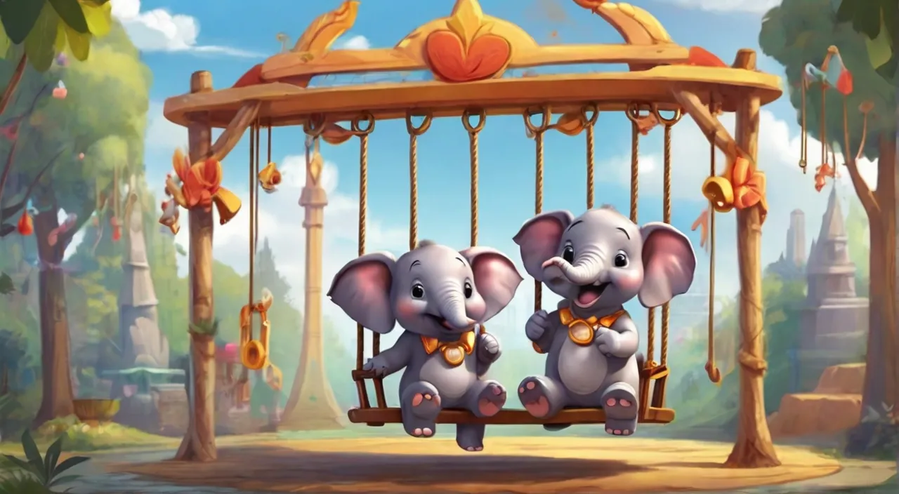 a couple of elephants sitting on top of a swing. Cartoon 