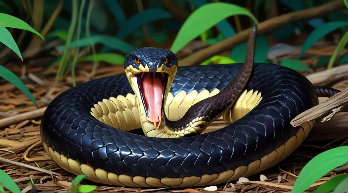 a black and gold snake with its mouth open