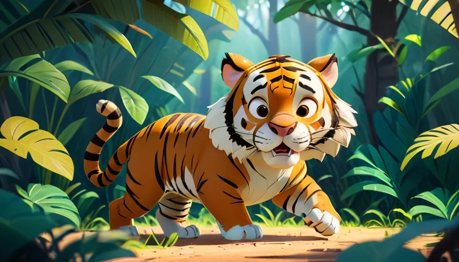 a cartoon tiger running through a jungle