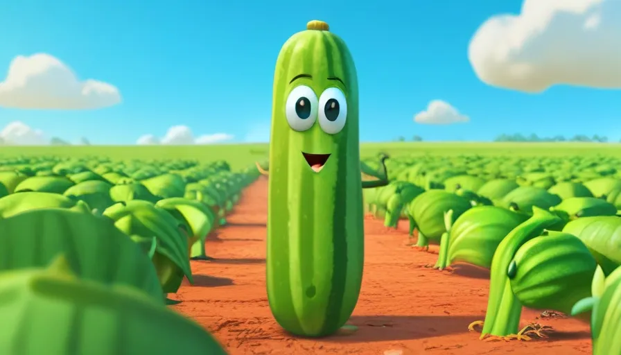 a cartoon pickle standing in the middle of a field