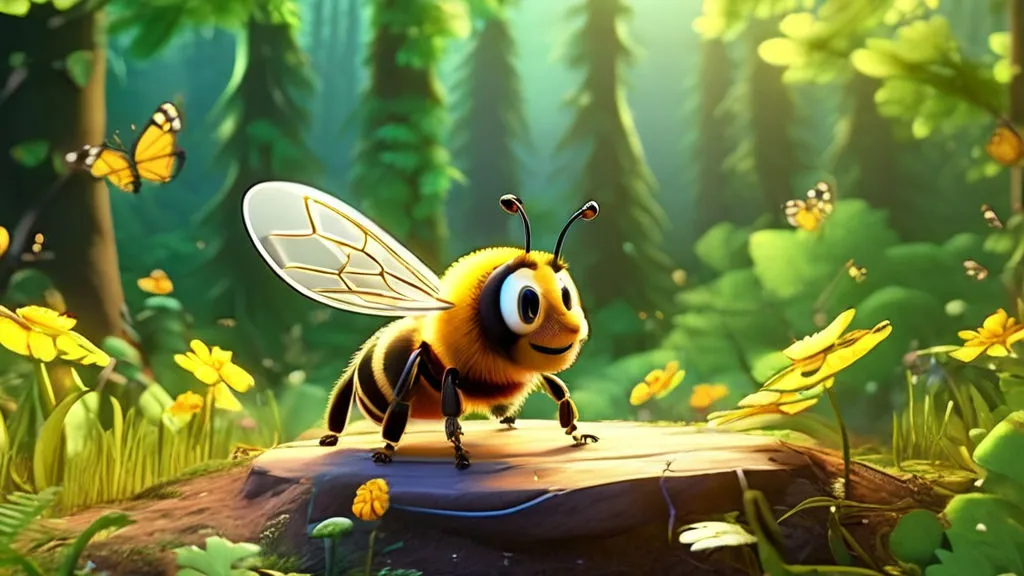 a bee flying on top of a rock in the middle of a forest